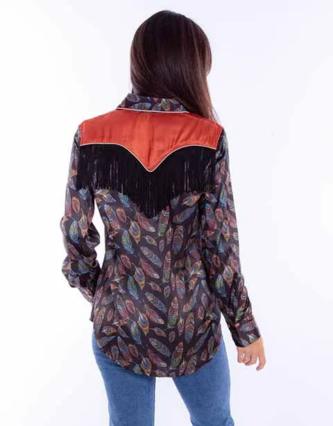 Women's Honey Creek Collection Blouse: Feather Print with Fringe