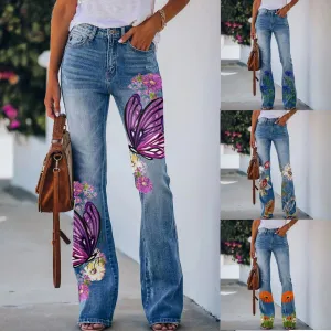 Womens Pants Korean Streetwear Retro Trousers Printed Pattern Loose Flared Hem Jeans Stretch Flared Bottoms Pantalones De Mujer