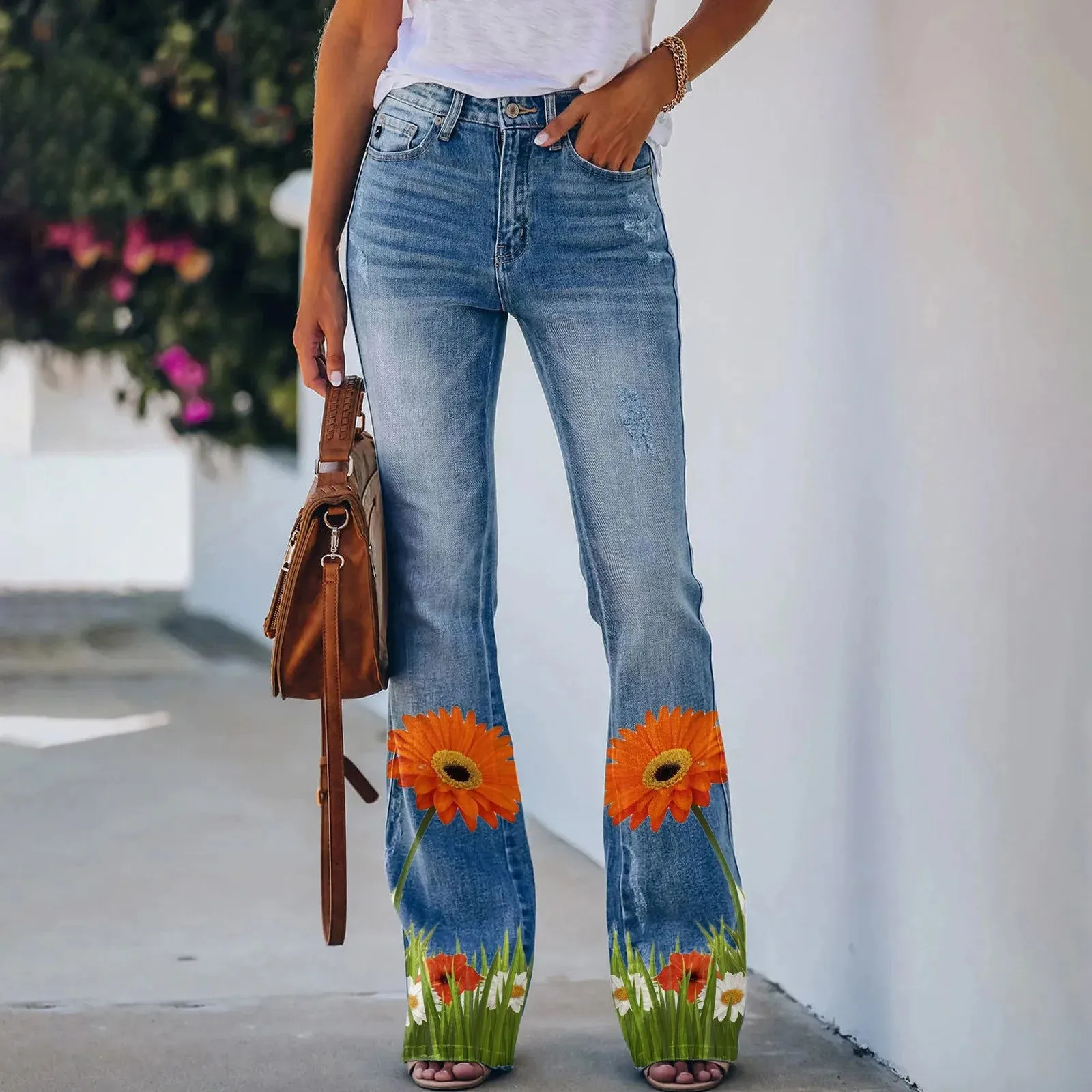 Womens Pants Korean Streetwear Retro Trousers Printed Pattern Loose Flared Hem Jeans Stretch Flared Bottoms Pantalones De Mujer
