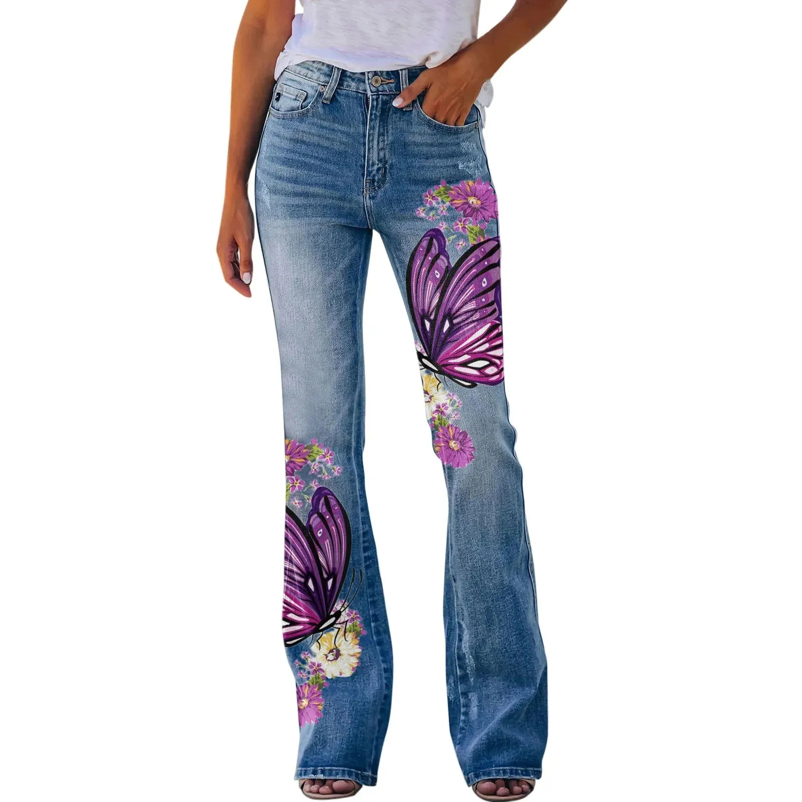 Womens Pants Korean Streetwear Retro Trousers Printed Pattern Loose Flared Hem Jeans Stretch Flared Bottoms Pantalones De Mujer