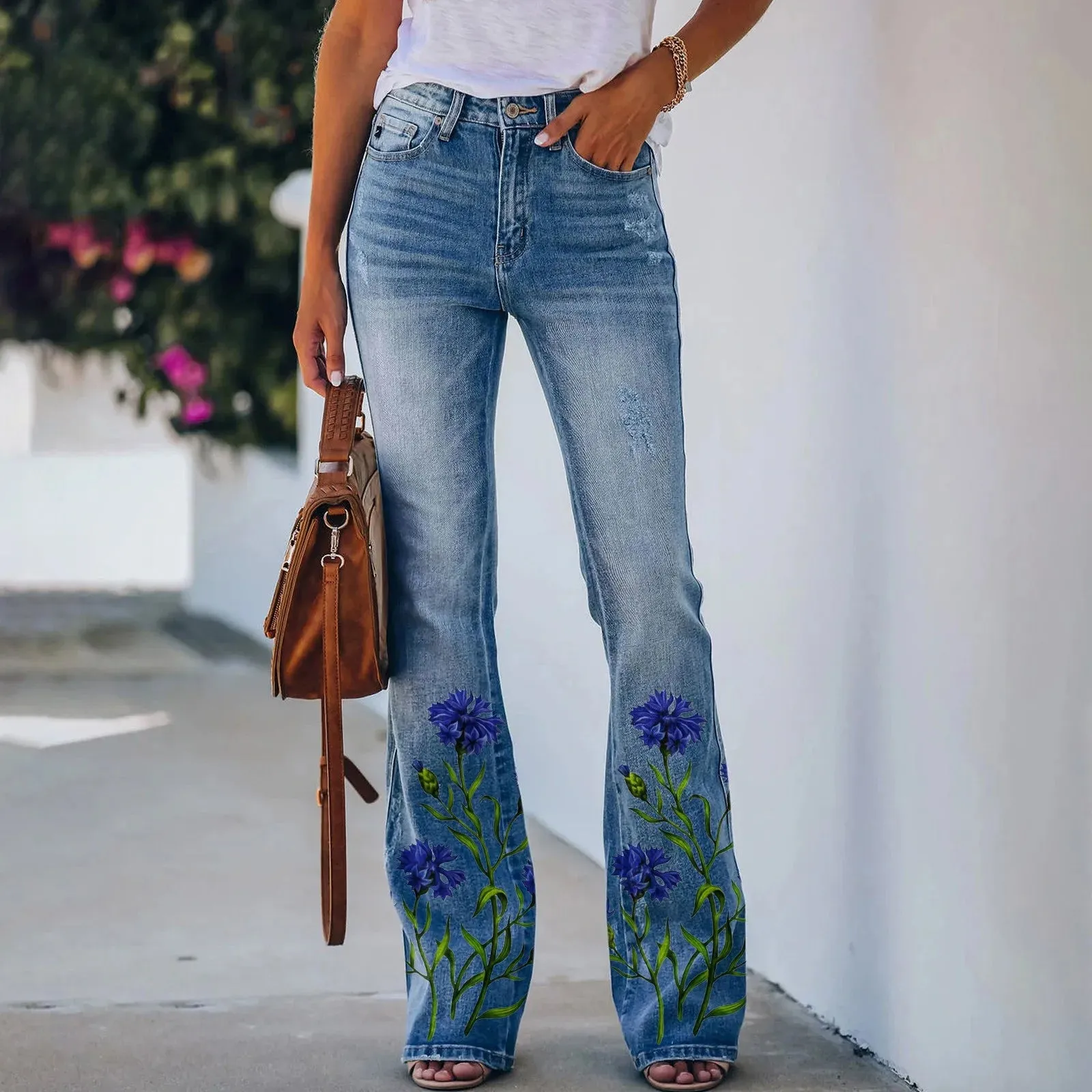 Womens Pants Korean Streetwear Retro Trousers Printed Pattern Loose Flared Hem Jeans Stretch Flared Bottoms Pantalones De Mujer