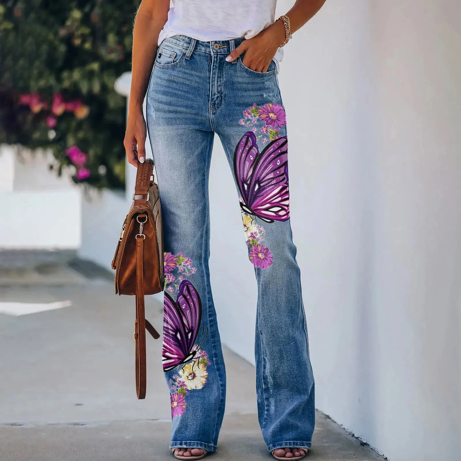 Womens Pants Korean Streetwear Retro Trousers Printed Pattern Loose Flared Hem Jeans Stretch Flared Bottoms Pantalones De Mujer