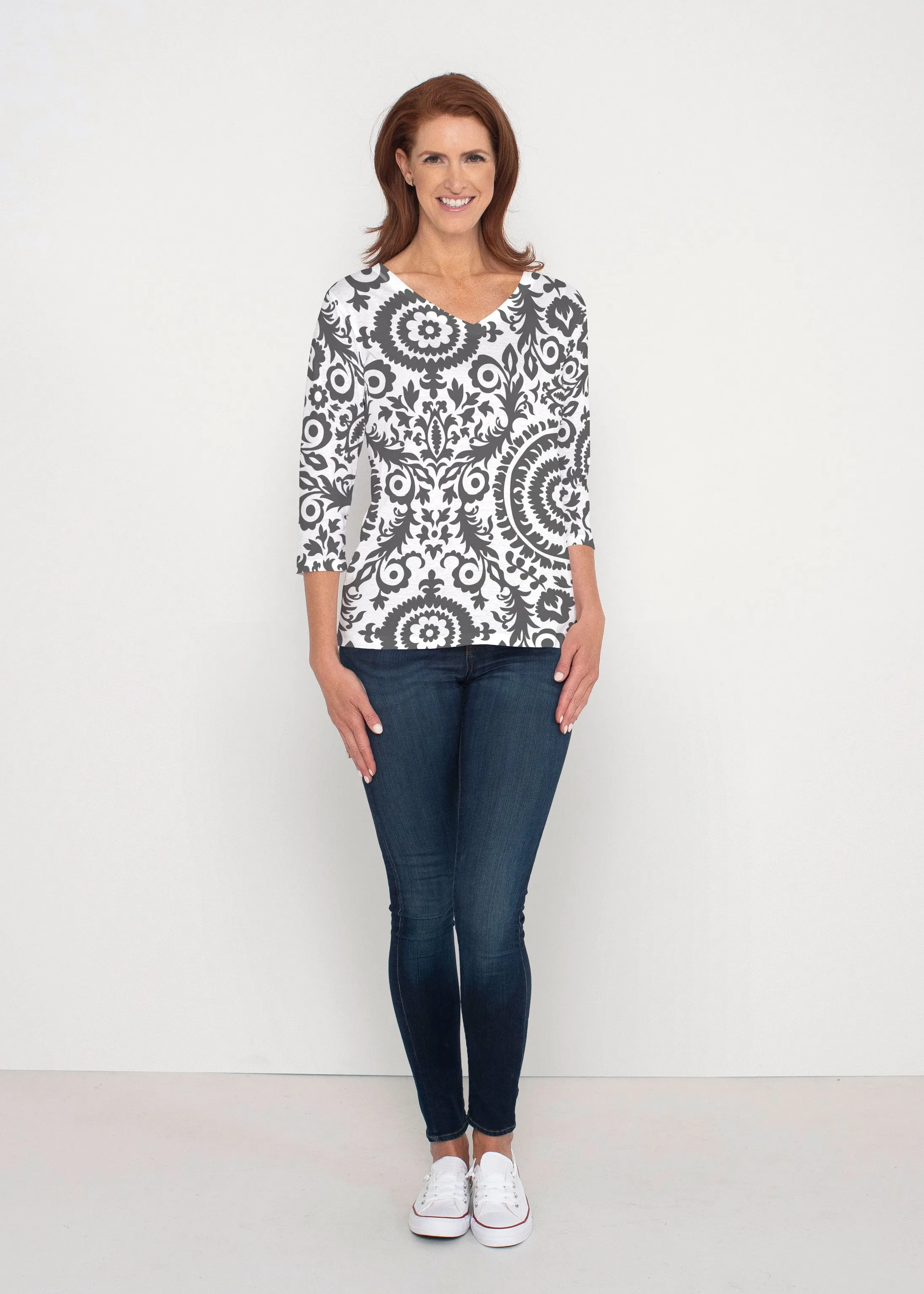 World of Swirls (14265) ~ Signature 3/4 Sleeve V-Neck Top