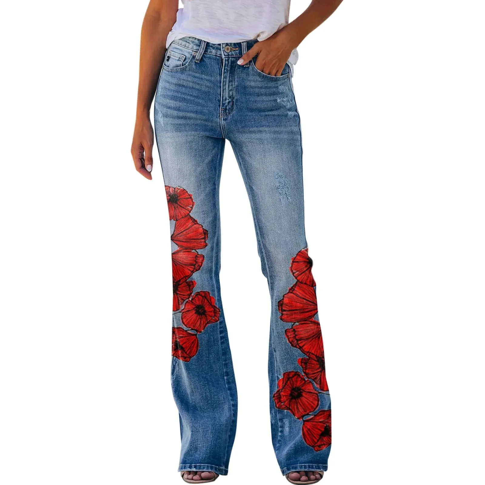Y2K Ladies Retro Flared Pants Baggy Jeans Women Floral Printed Slim-Fit Denim Trousers Pantalones Streetwear джинсы женский