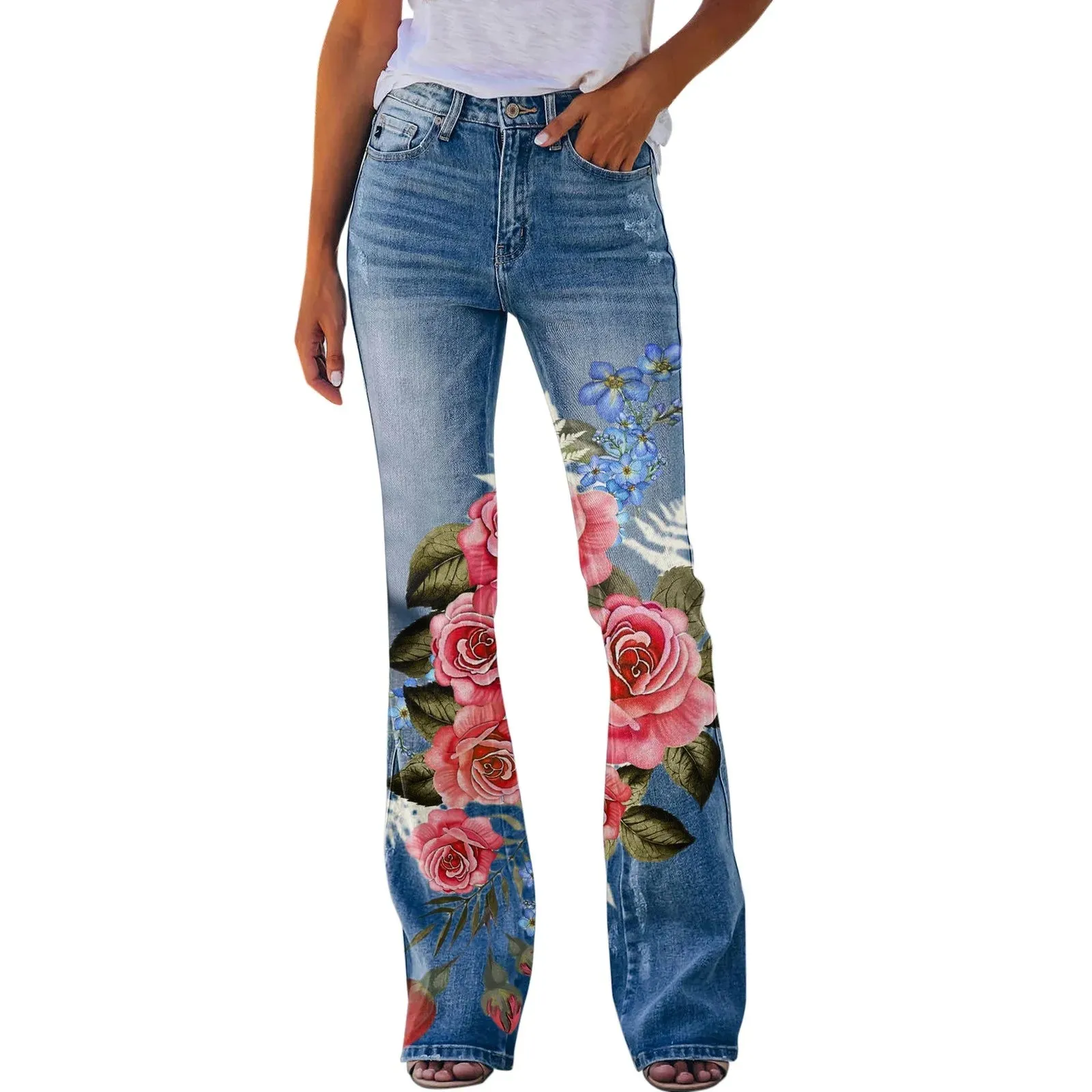 Y2K Ladies Retro Flared Pants Baggy Jeans Women Floral Printed Slim-Fit Denim Trousers Pantalones Streetwear джинсы женский