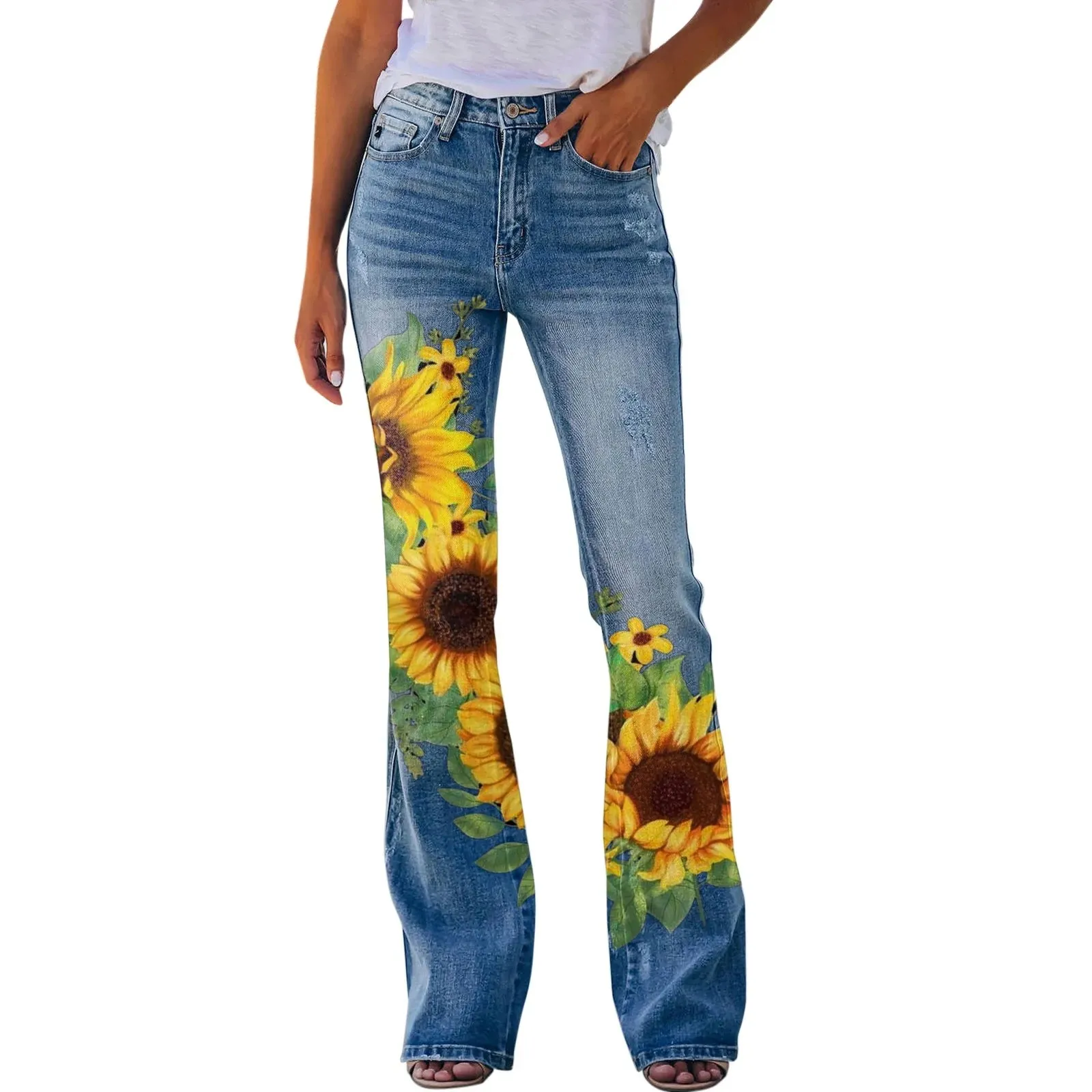 Y2K Ladies Retro Flared Pants Baggy Jeans Women Floral Printed Slim-Fit Denim Trousers Pantalones Streetwear джинсы женский