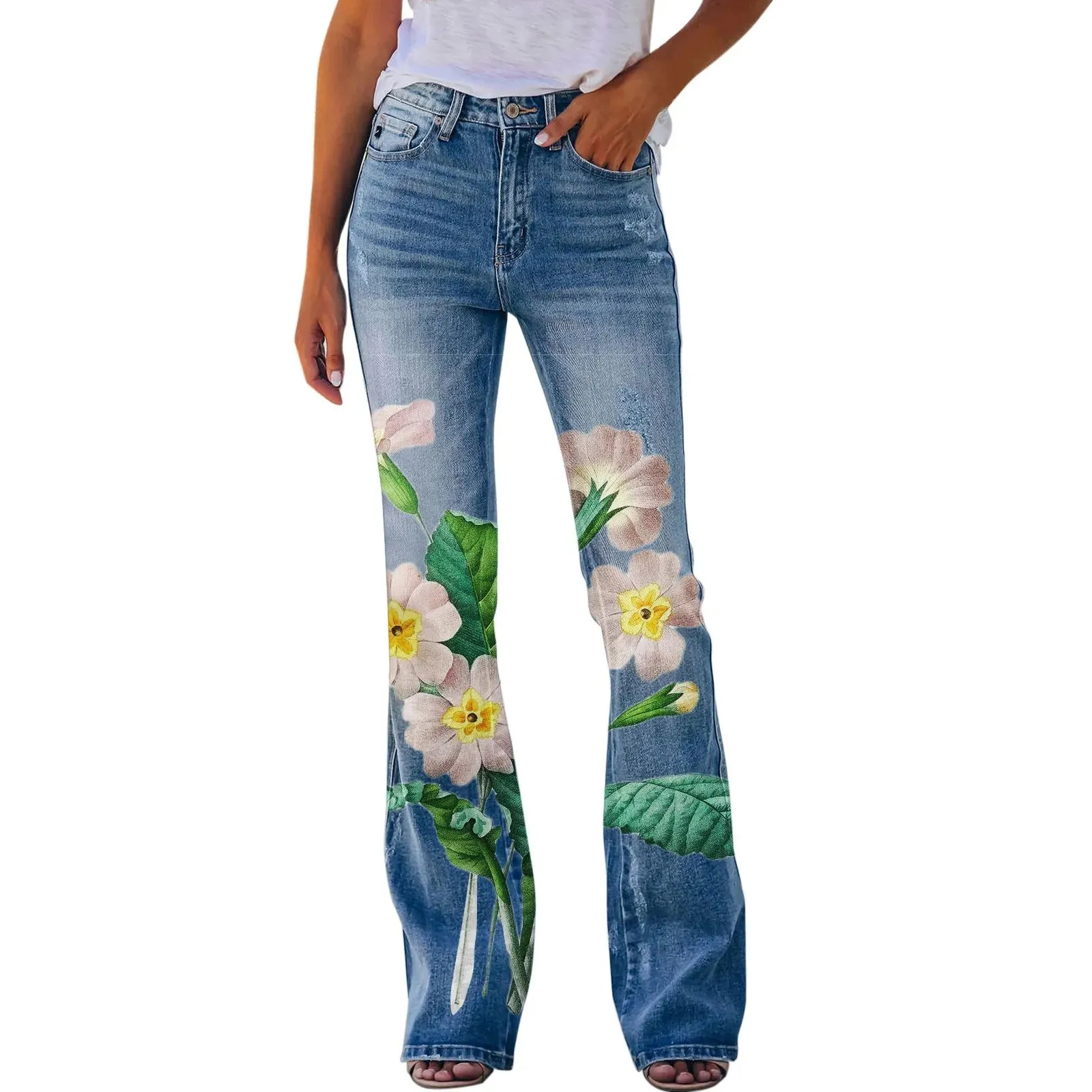 Y2K Ladies Retro Flared Pants Baggy Jeans Women Floral Printed Slim-Fit Denim Trousers Pantalones Streetwear джинсы женский