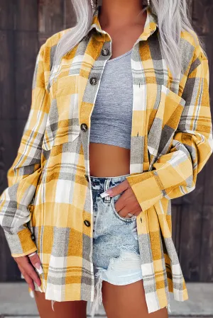 Yellow Pink Plaid Button Up Patch Pocket Shirt