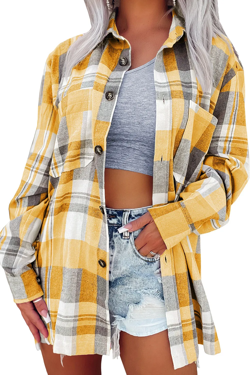 Yellow Pink Plaid Button Up Patch Pocket Shirt