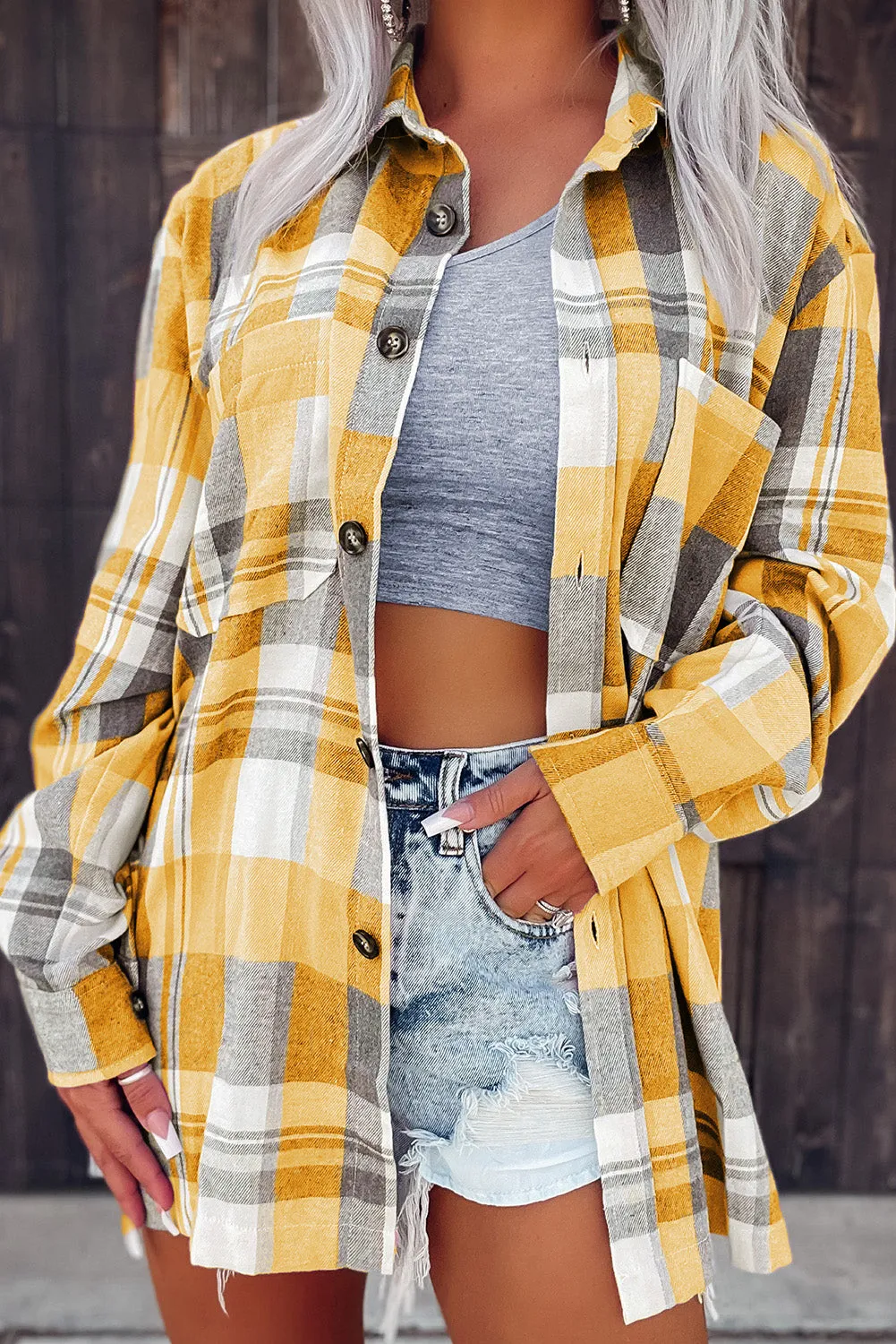 Yellow Pink Plaid Button Up Patch Pocket Shirt