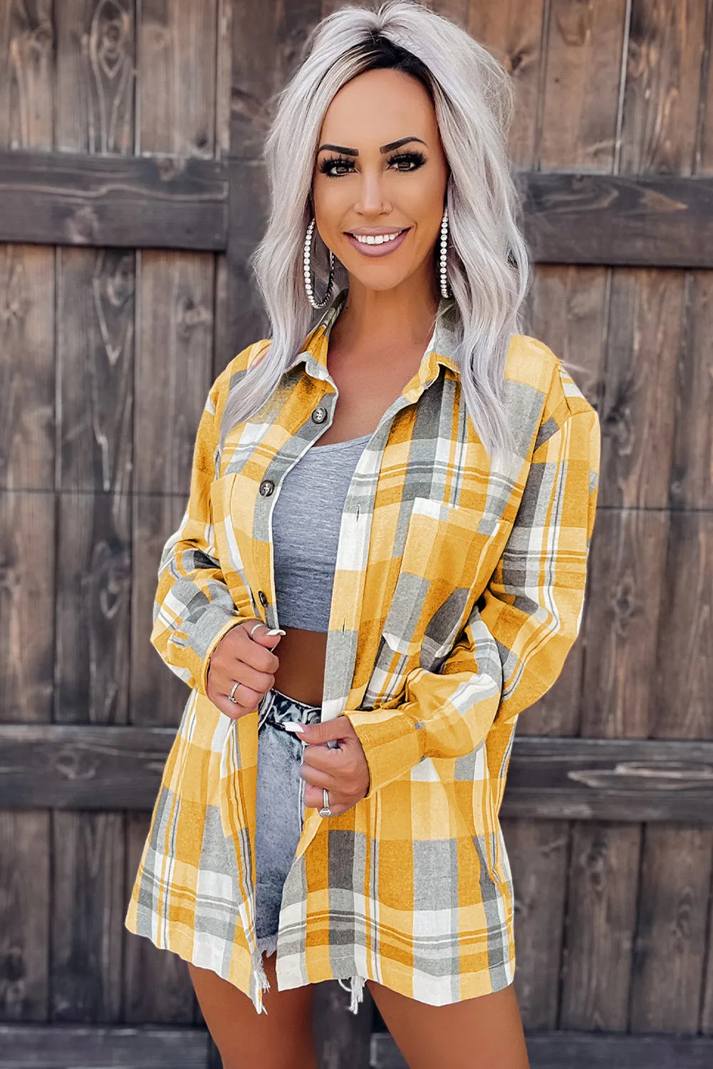 Yellow Pink Plaid Button Up Patch Pocket Shirt